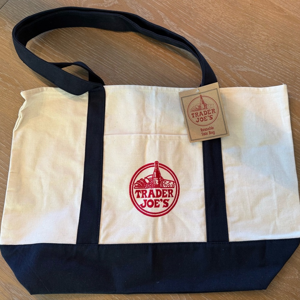 Trader Joe's Large Canvas Tote Bag with navy blue handles and base.  NWT